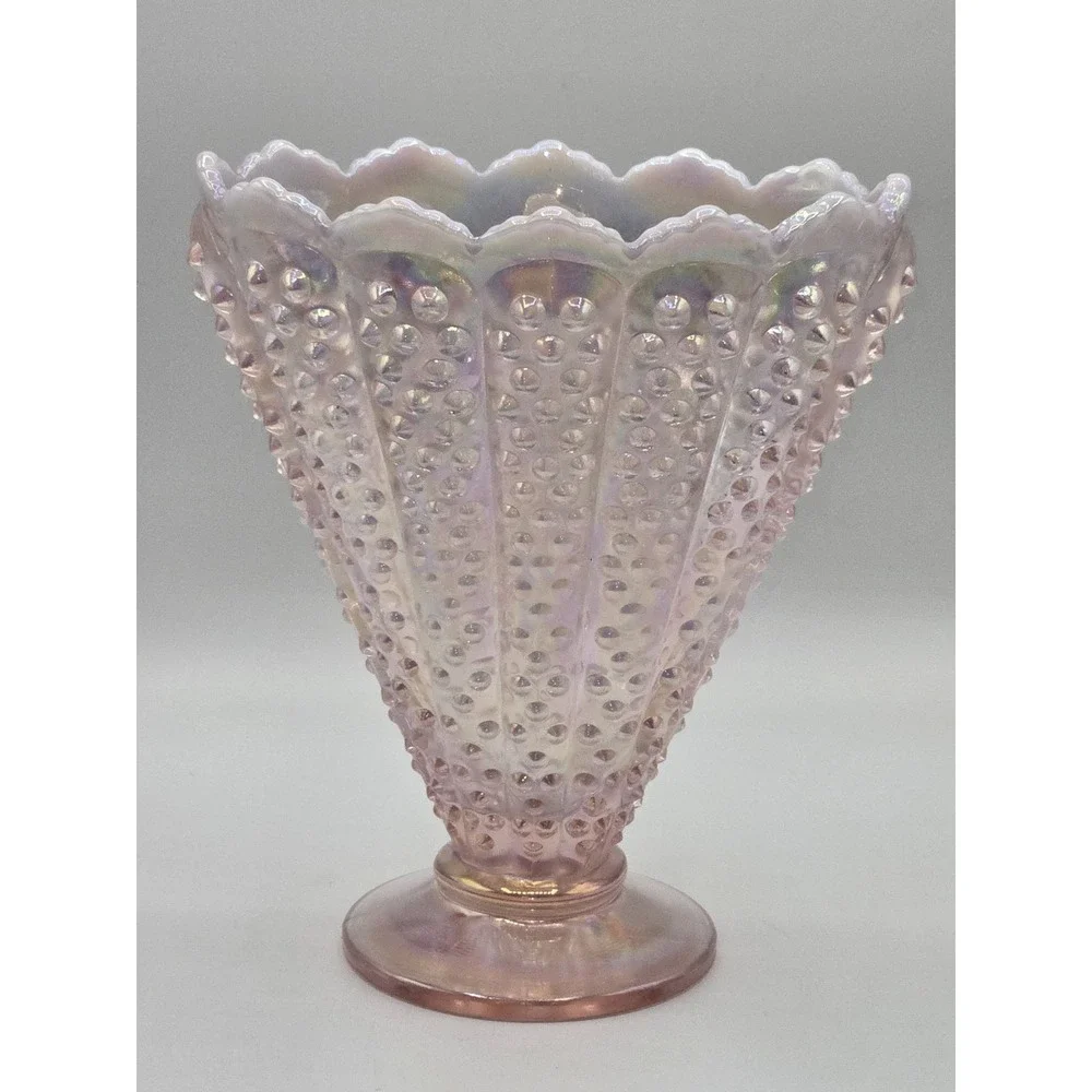 Fenton Glass 95th Anniversary Iridized Pink Opalescent Hobnail Fan‎ Vase 8